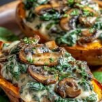 Four roasted sweet potatoes sliced open and filled with a creamy sautéed mushroom and spinach mixture.