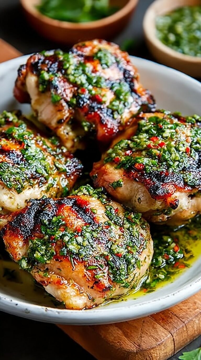Grilled bone-in chicken thighs topped with vibrant green chimichurri sauce on a serving platter.