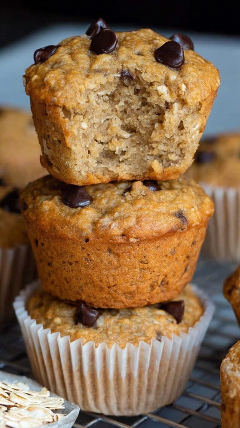 Golden brown oatmeal muffins with dark chocolate chips on a cooling rack
