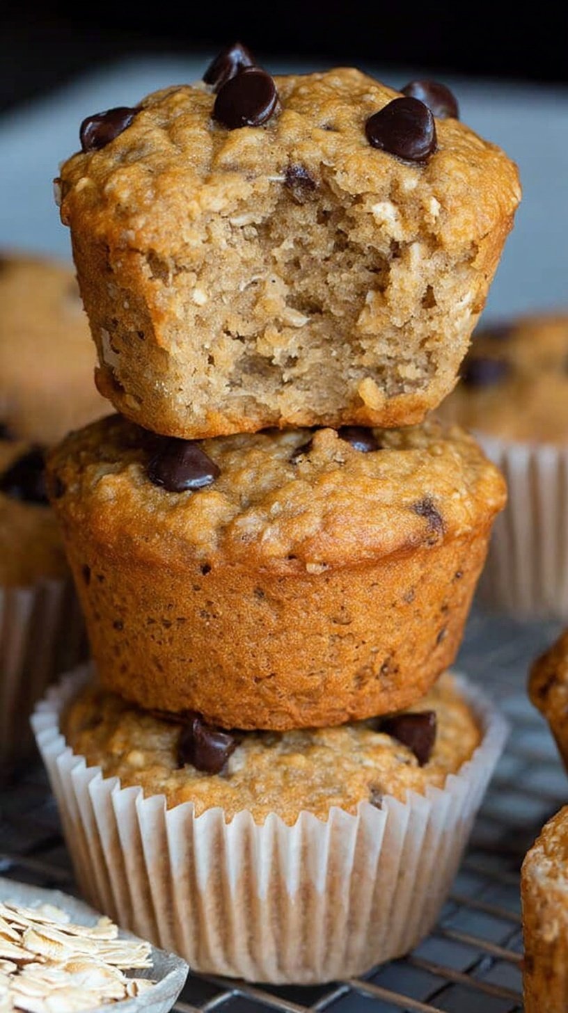 Golden brown oatmeal muffins with dark chocolate chips on a cooling rack