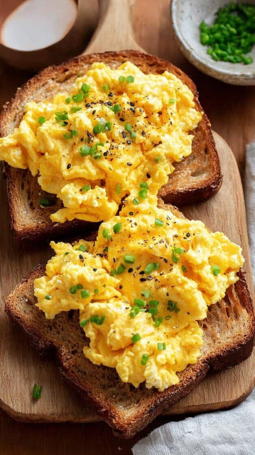 Fluffy scrambled eggs with visible cottage cheese curds and fresh chives in a pan.