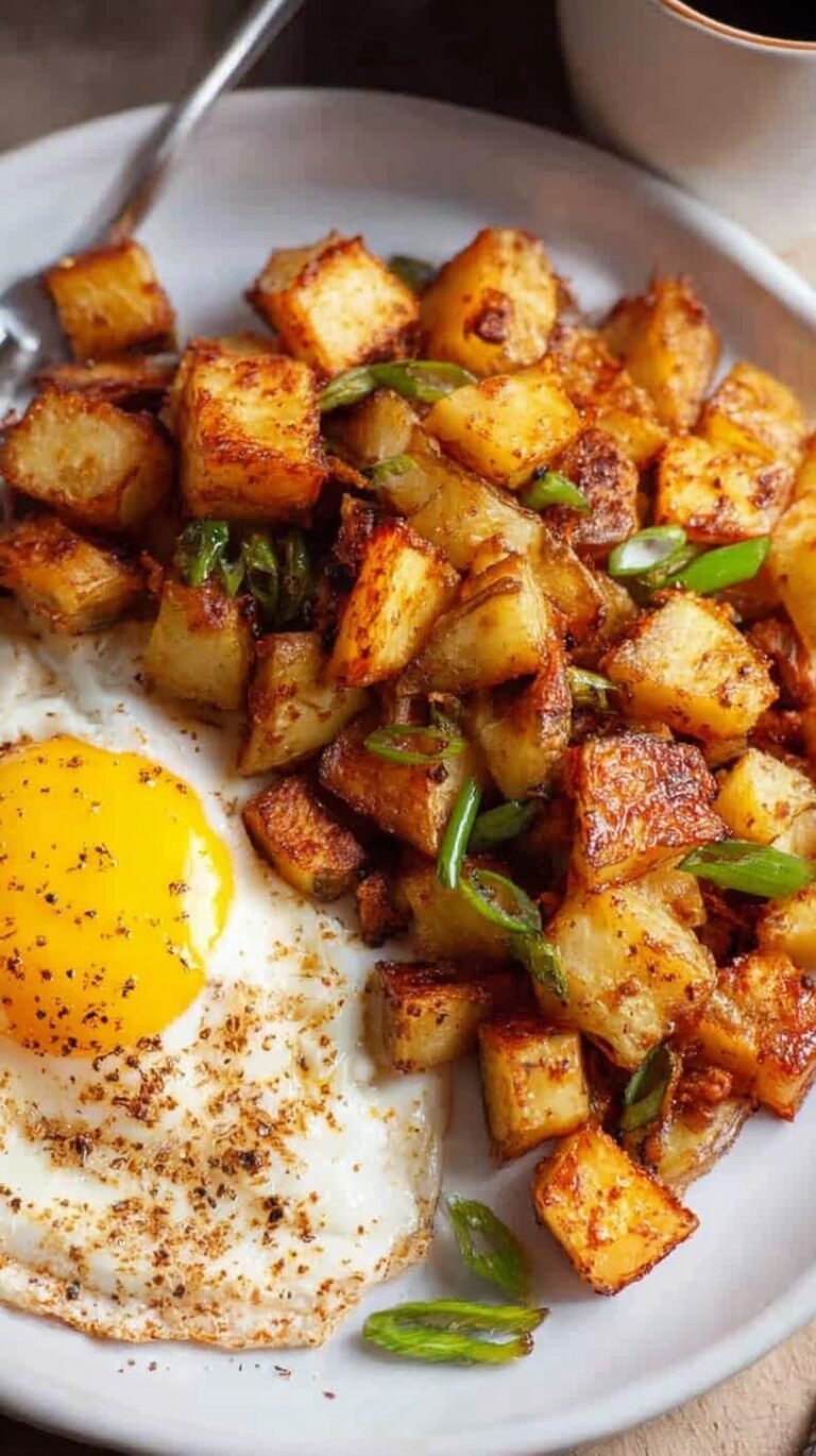Golden brown diced air fryer home fries in a bowl with herbs