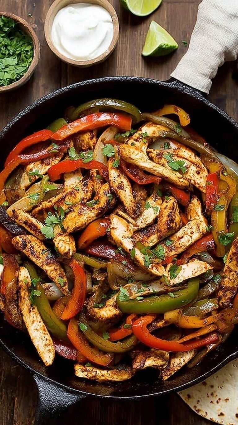 Sizzling chicken strips and colorful bell peppers in a cast iron skillet