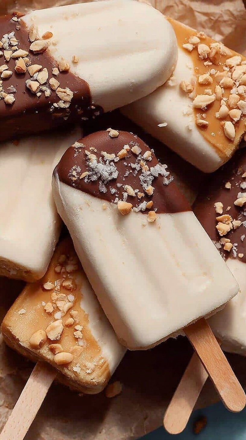 Creamy frozen healthy banana popsicles on a wooden board with fresh banana slices