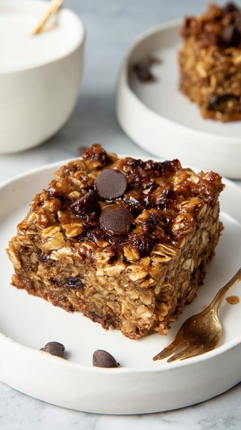 A square baking dish filled with golden brown baked oatmeal topped with blueberries and walnuts.