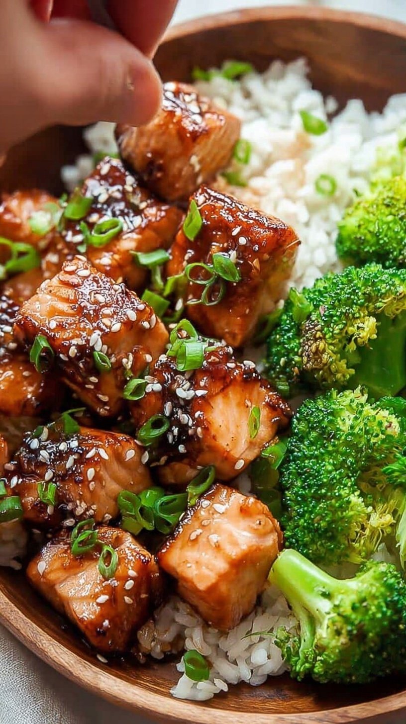 Crispy glazed salmon cubes in an air fryer basket with green onions