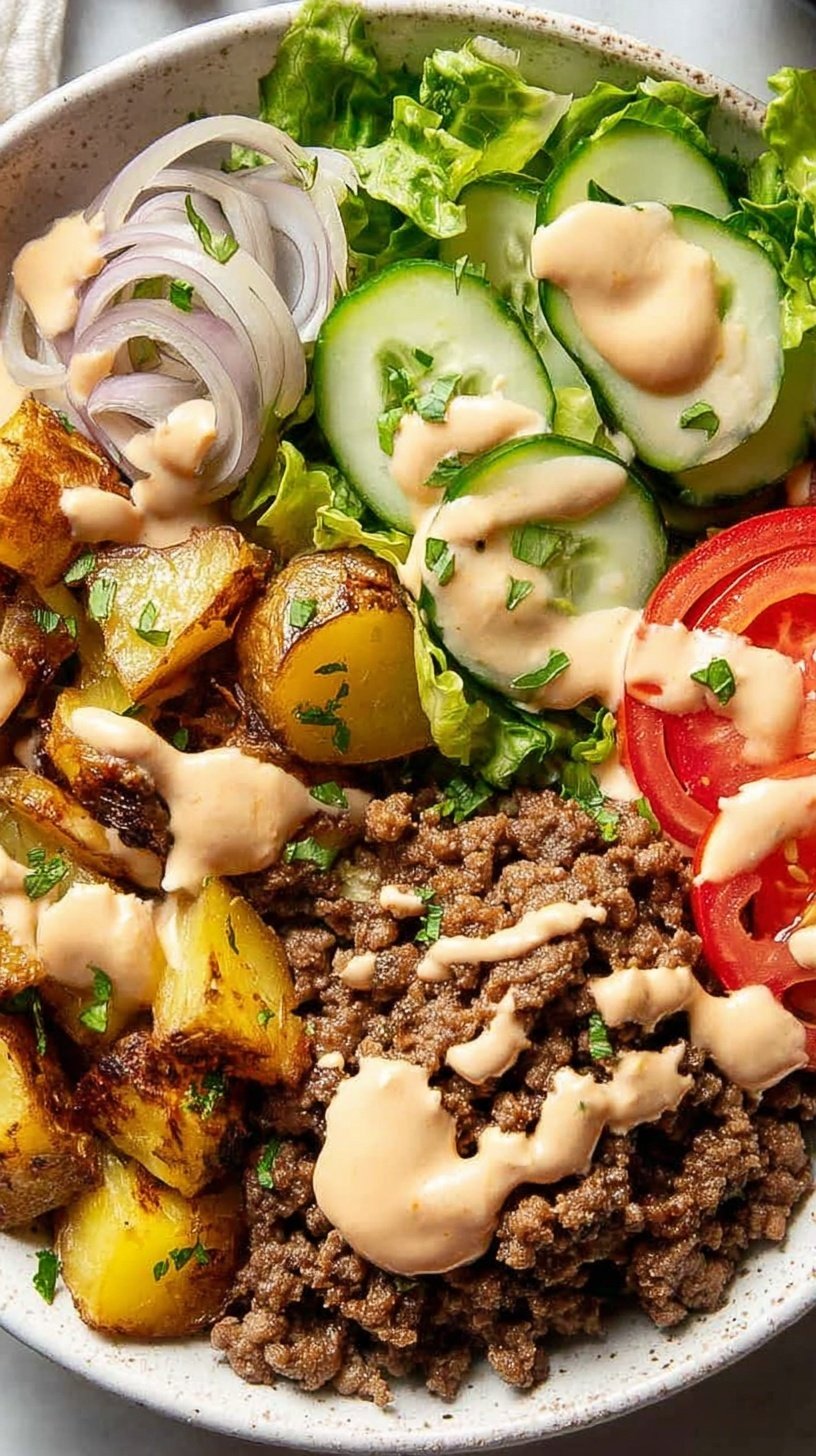 A colorful healthy burger bowl with browned beef, cherry tomatoes, avocado, and drizzled sauce.
