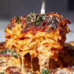 A slice of healthy cottage cheese lasagna with melted mozzarella and fresh spinach layers