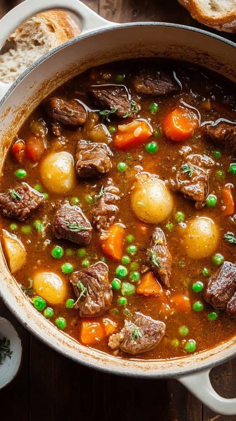 A steaming bowl of healthy beef stew with tender carrots, potatoes, and peas in a rich broth.