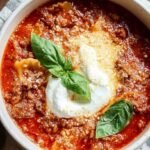 A warm bowl of healthy lasagna soup topped with a dollop of creamy ricotta cheese and fresh parsley