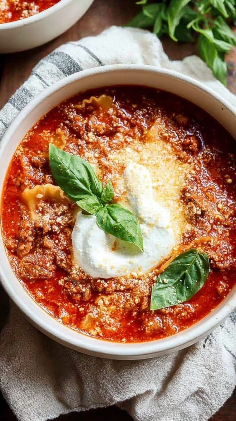 A warm bowl of healthy lasagna soup topped with a dollop of creamy ricotta cheese and fresh parsley