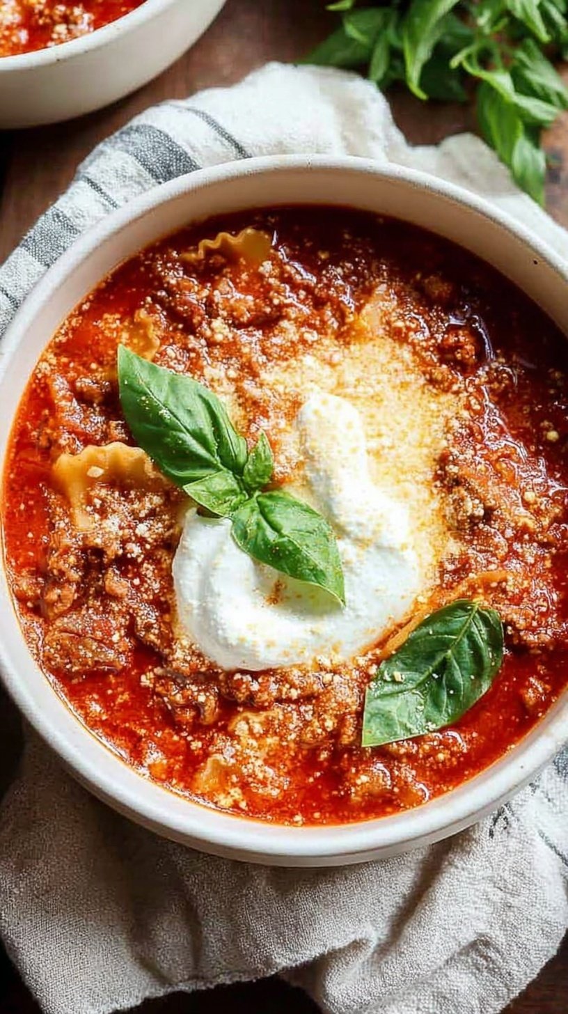 A warm bowl of healthy lasagna soup topped with a dollop of creamy ricotta cheese and fresh parsley