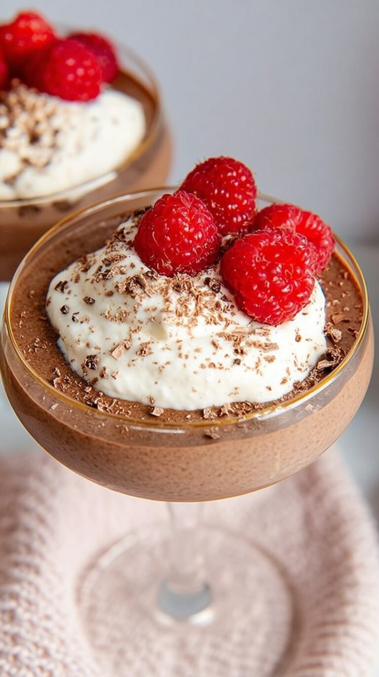 A smooth and creamy chocolate mousse served in glass ramekins topped with dark chocolate shavings.