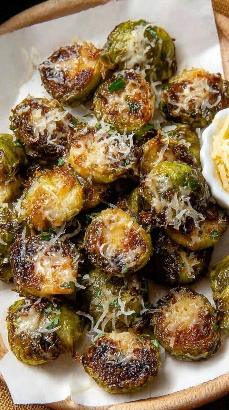 Golden brown crispy smashed Brussels sprouts on a baking sheet with melted parmesan cheese.