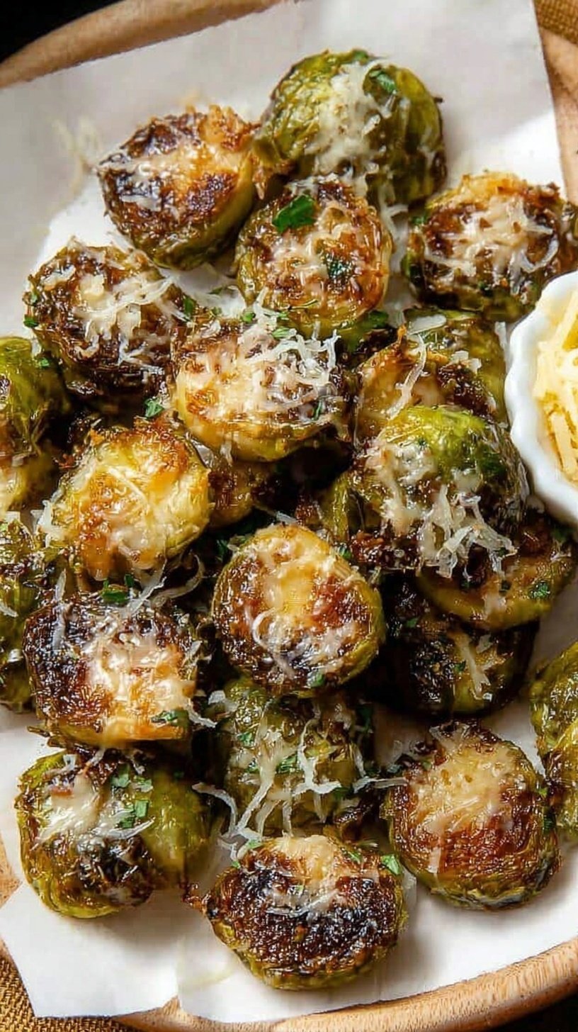 Golden brown crispy smashed Brussels sprouts on a baking sheet with melted parmesan cheese.