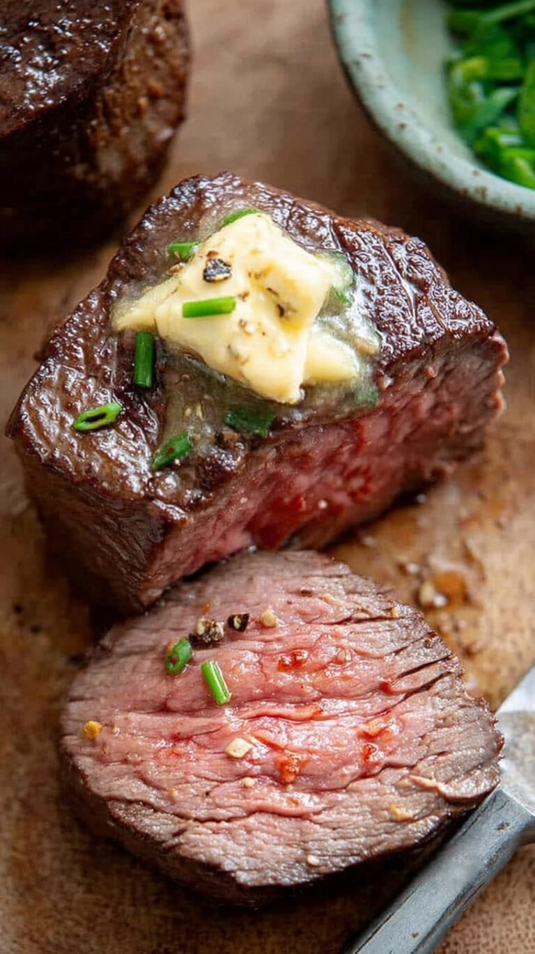 Two thick filet mignon steaks topped with melting butter and fresh rosemary in an air fryer basket.
