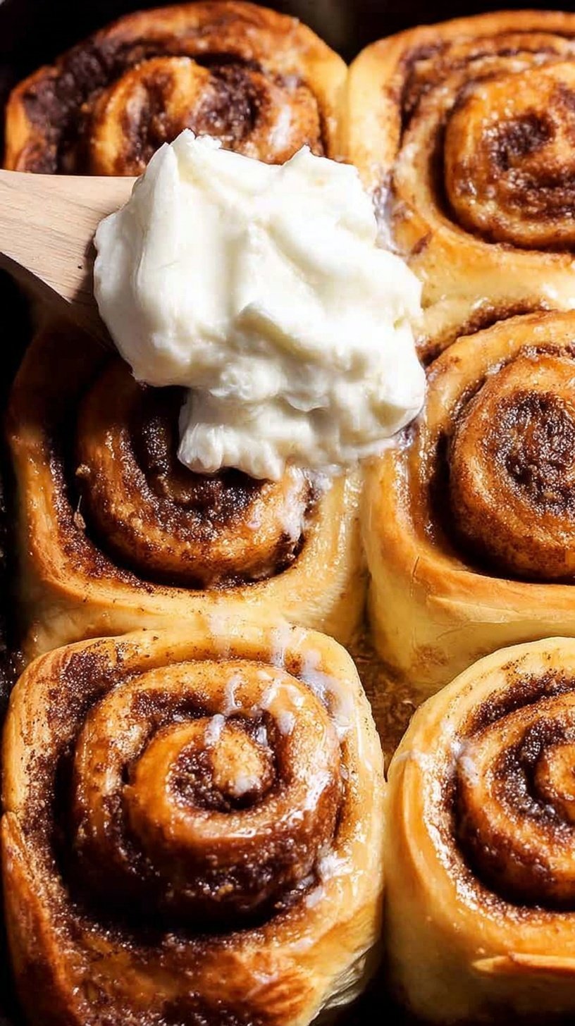 A tray of warm banana cinnamon rolls with creamy white icing and a cinnamon swirl