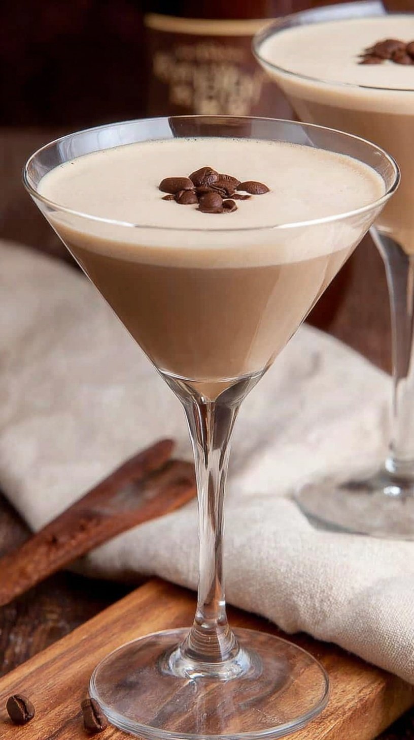 A creamy Baileys Espresso Martini in a chilled glass with three coffee beans on top.