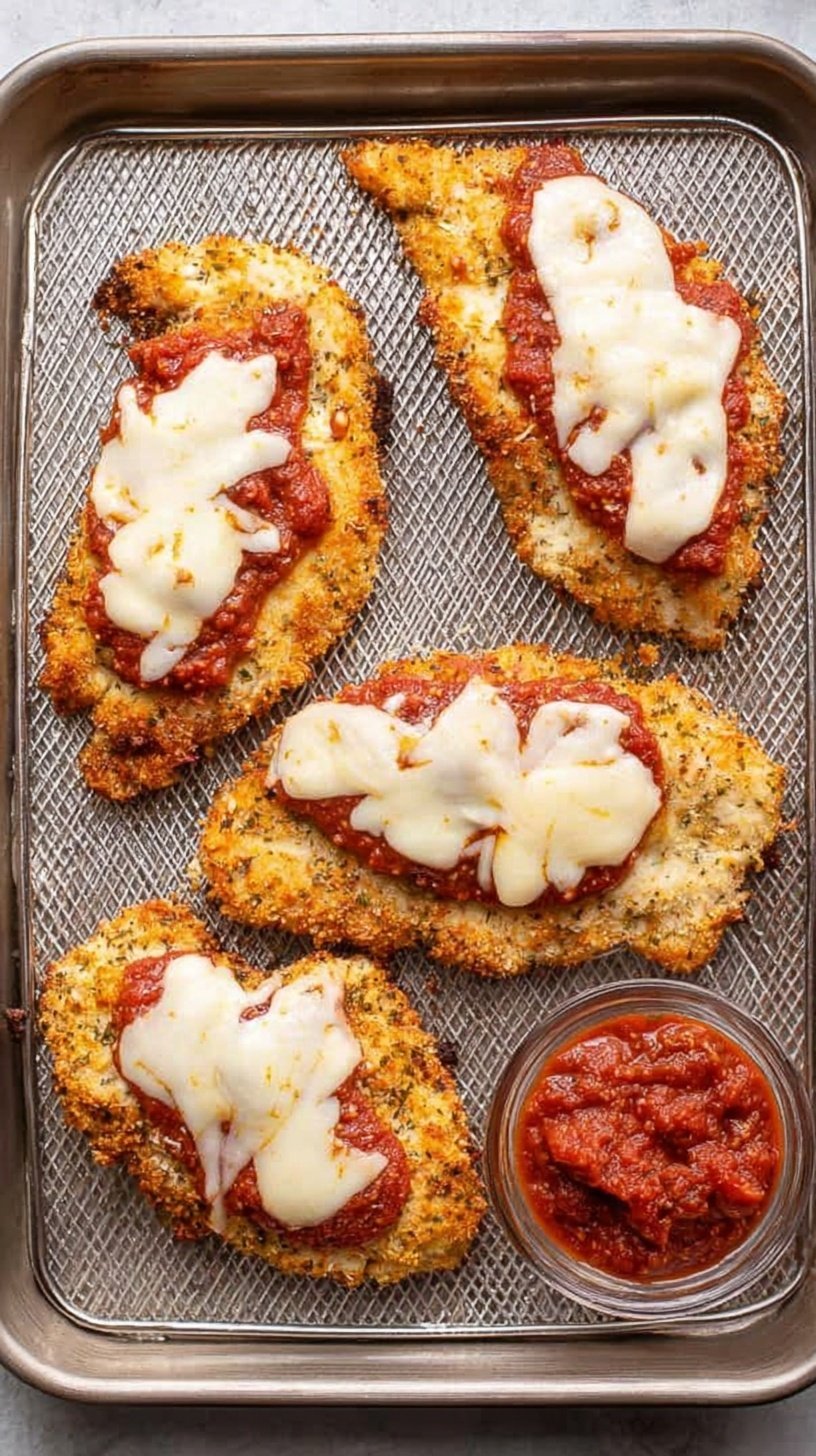 Golden brown crispy air fryer chicken parmesan topped with melted mozzarella and red marinara sauce
