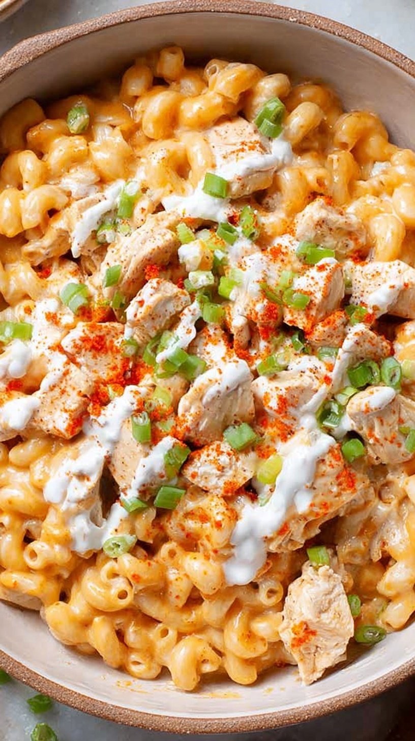 A bowl of creamy buffalo chicken mac and cheese garnished with fresh chives.