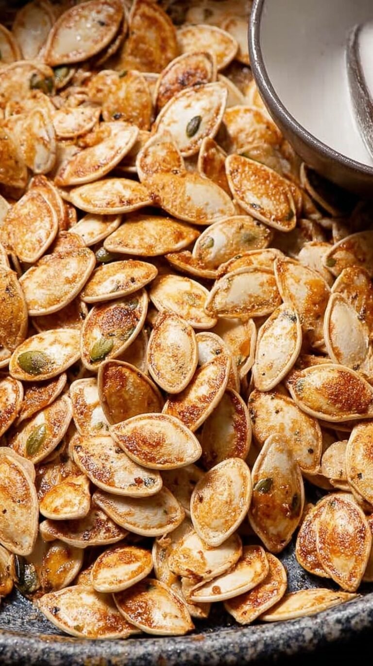 A bowl of golden brown roasted pumpkin seeds seasoned with garlic and paprika.