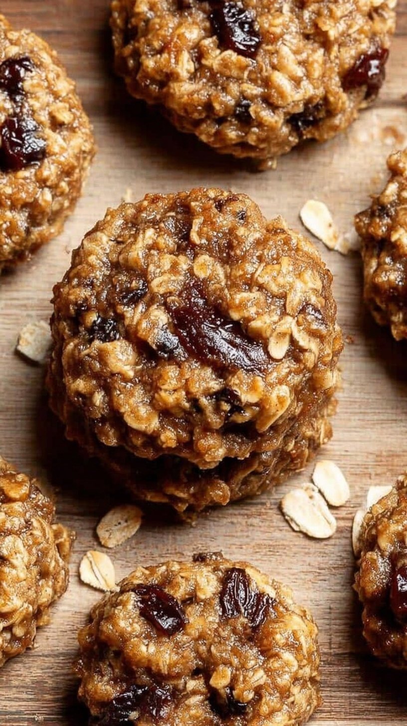 A tray of golden brown banana oat breakfast cookies with chocolate chips and walnuts on parchment paper.