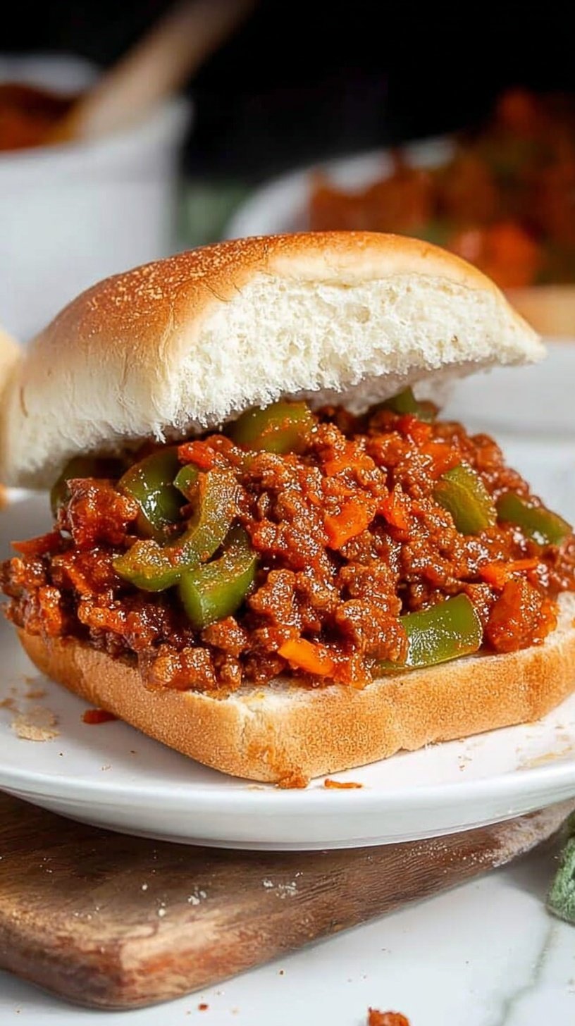 A healthy sloppy joe on a toasted whole wheat bun with green peppers and onions visible in the turkey mixture.