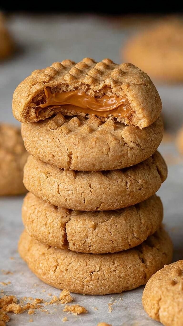 A stack of golden brown peanut butter cookies with fork crisscross patterns on a white plate.