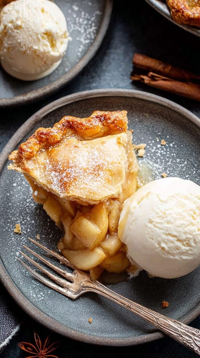 A golden brown gluten-free apple pie with a flaky double crust and sliced apples inside.