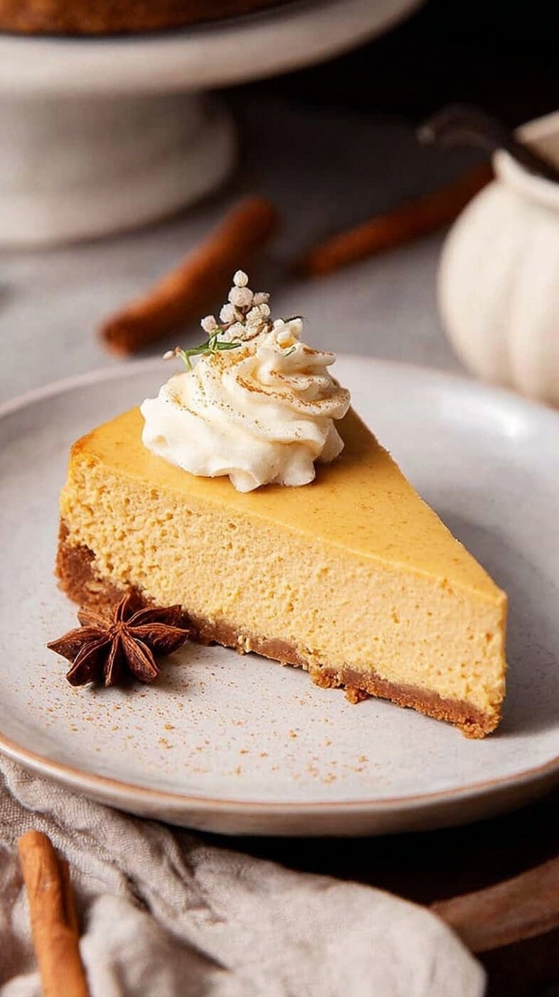 A smooth and creamy gluten-free pumpkin cheesecake on a serving platter with a spiced graham cracker crust.