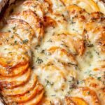 A baking dish filled with thinly sliced sweet potatoes in a creamy garlic sauce topped with melted parmesan cheese