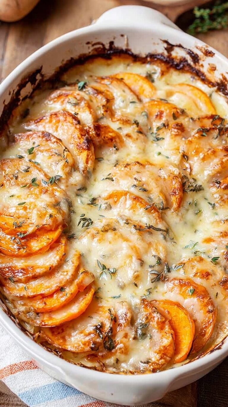 A baking dish filled with thinly sliced sweet potatoes in a creamy garlic sauce topped with melted parmesan cheese