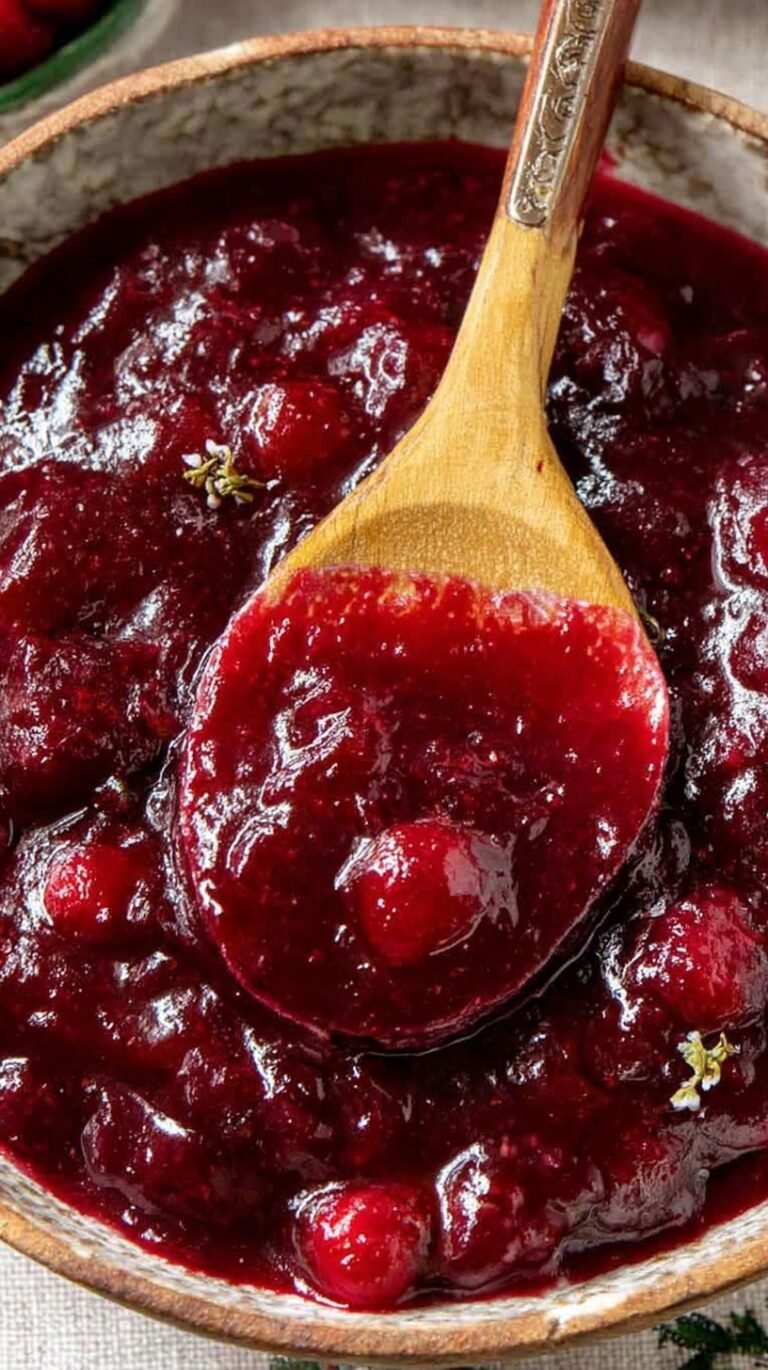 A bowl of vibrant red cranberry sauce with orange zest on top