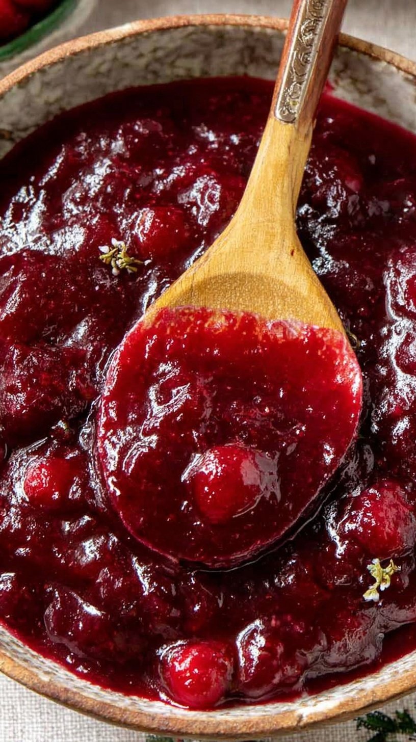 A bowl of vibrant red cranberry sauce with orange zest on top