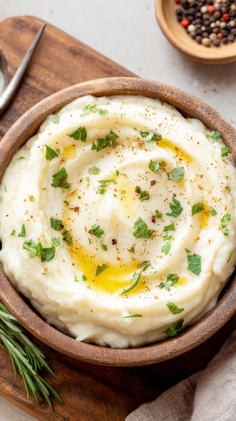 A bowl of smooth, creamy mashed cauliflower garnished with fresh green chives and a pat of melting butter.