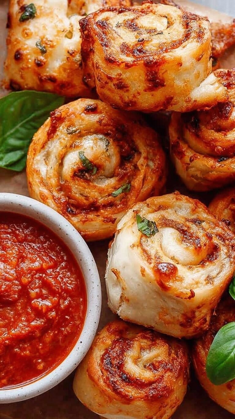 Golden brown crispy pizza rolls arranged on a white plate with a side of marinara sauce.