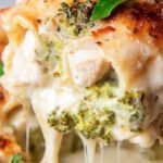 A golden, bubbling dish of chicken and broccoli lasagna with creamy white sauce and melted cheese.