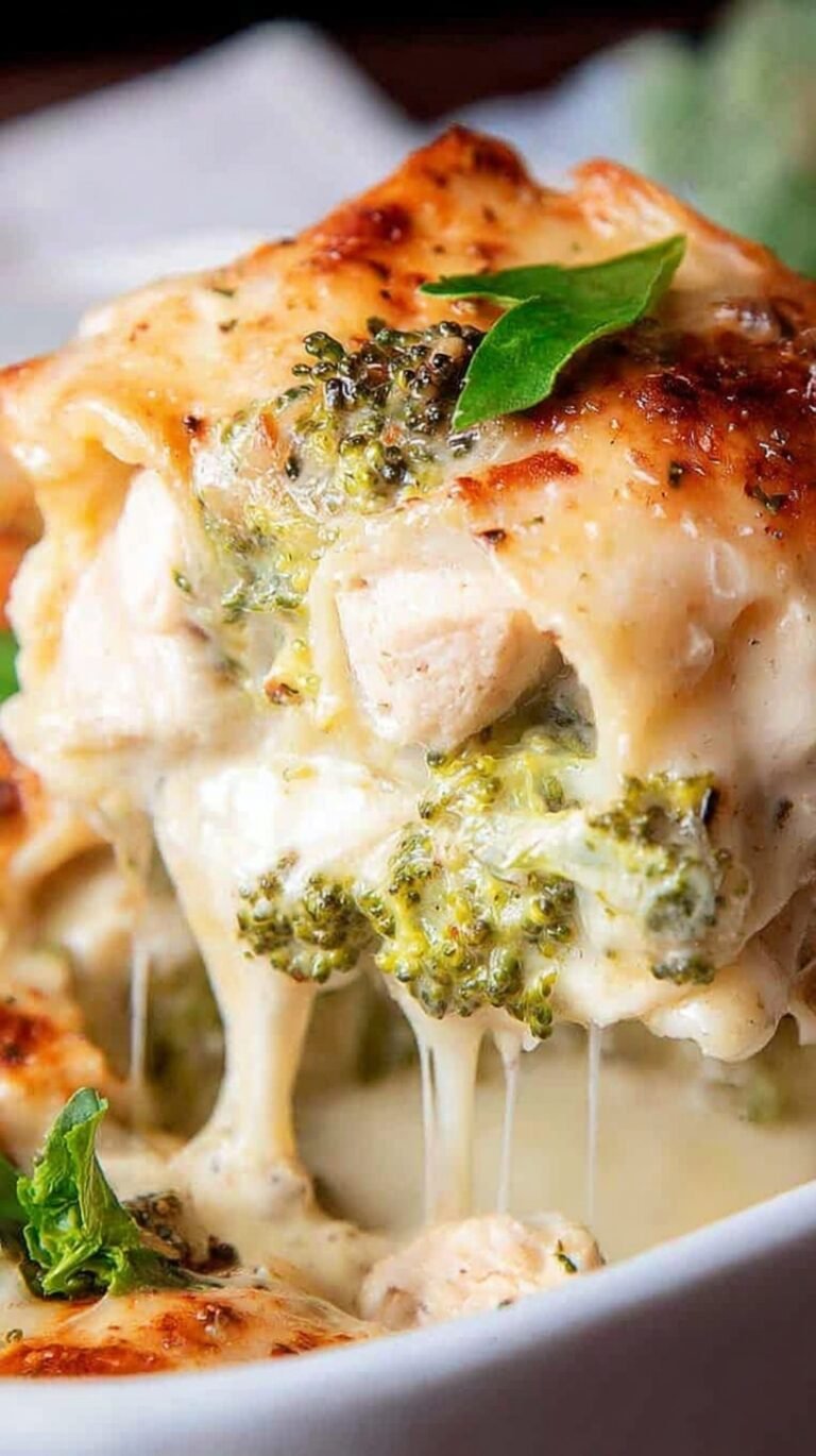 A golden, bubbling dish of chicken and broccoli lasagna with creamy white sauce and melted cheese.