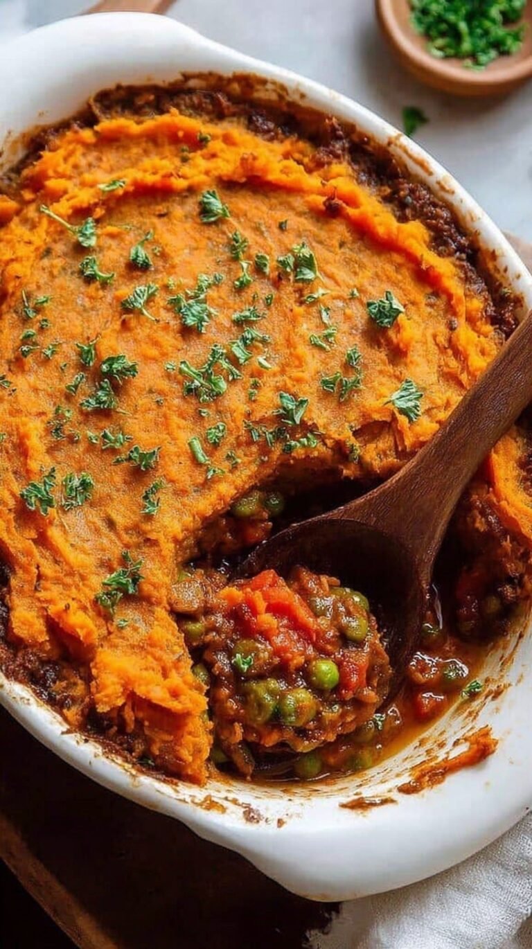 A bubbling dish of healthy shepherd's pie with a golden sweet potato topping and textured fork ridges.