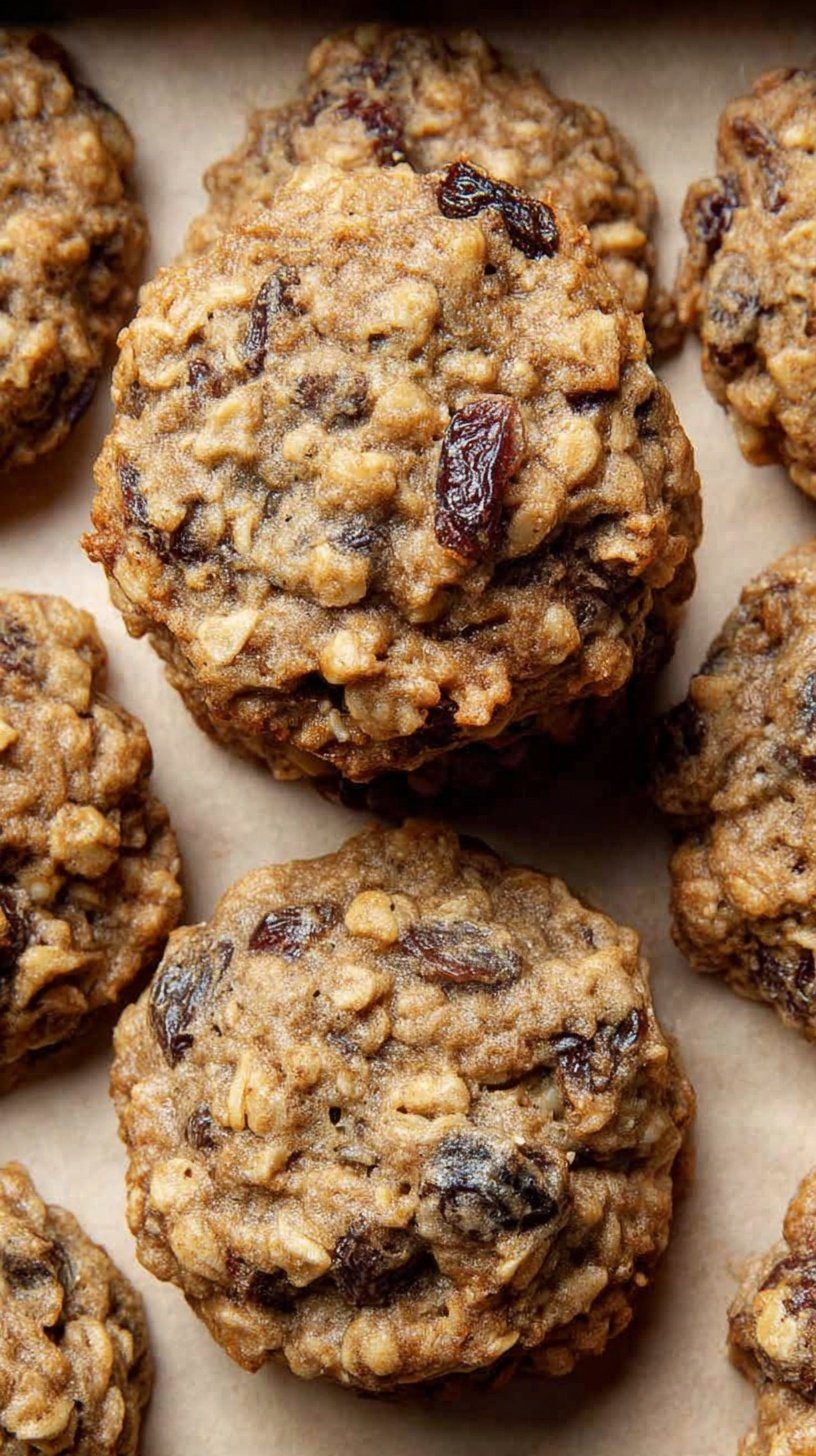 A stack of golden brown chewy oatmeal raisin cookies with melting chocolate chips on a wire rack.