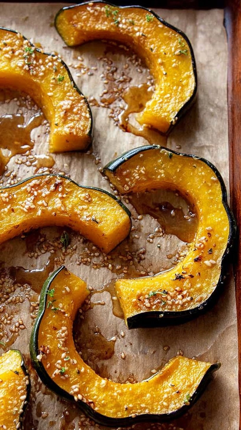 Golden-brown maple roasted acorn squash slices glazed with syrup on a baking sheet