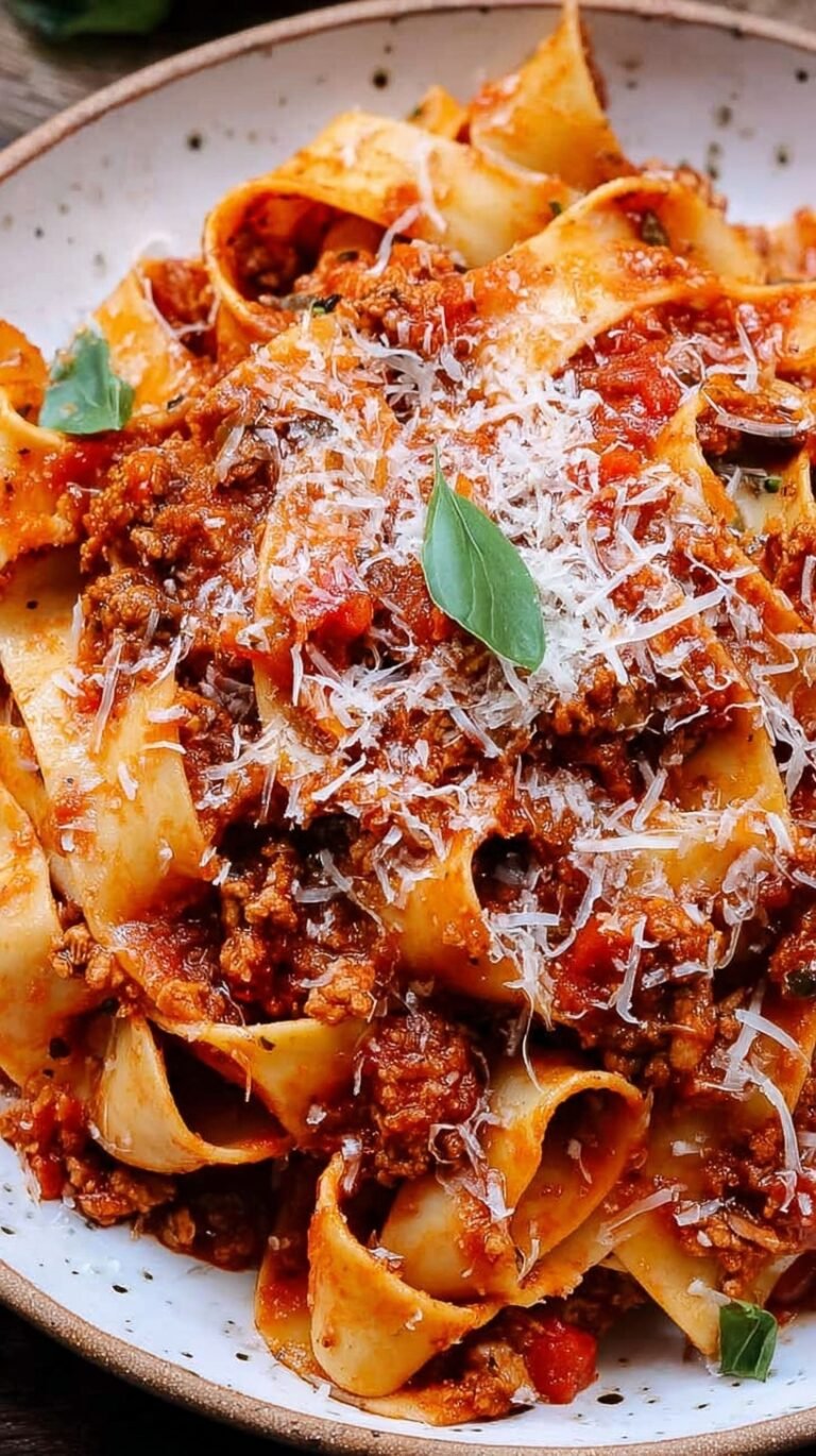 A bowl of wide pasta ribbons topped with rich, creamy chicken bolognese sauce and fresh basil.