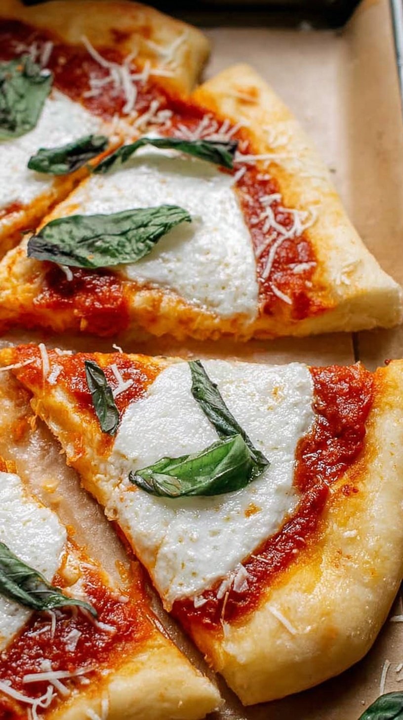 Freshly baked pizza with a golden greek yogurt pizza dough crust on a wooden board