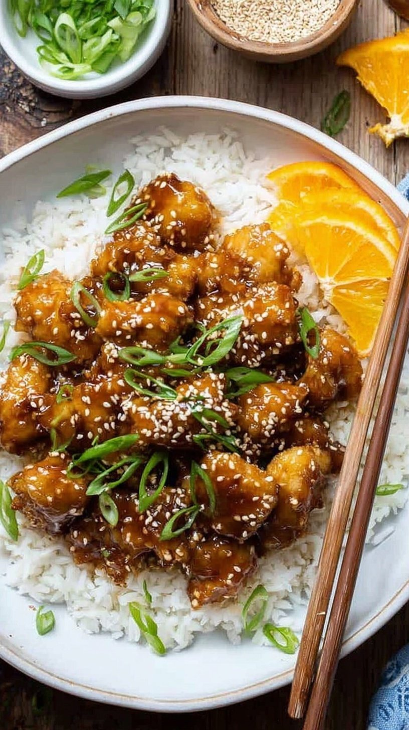 Crispy orange chicken pieces in a glossy sauce with green onions and sesame seeds