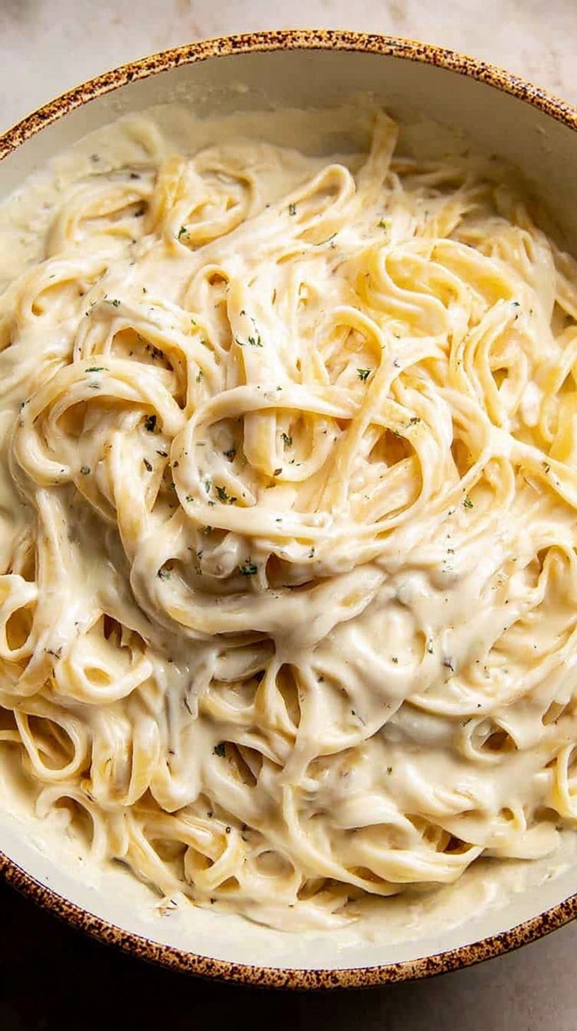 A smooth and creamy cauliflower alfredo sauce being tossed with fettuccine pasta in a white bowl.