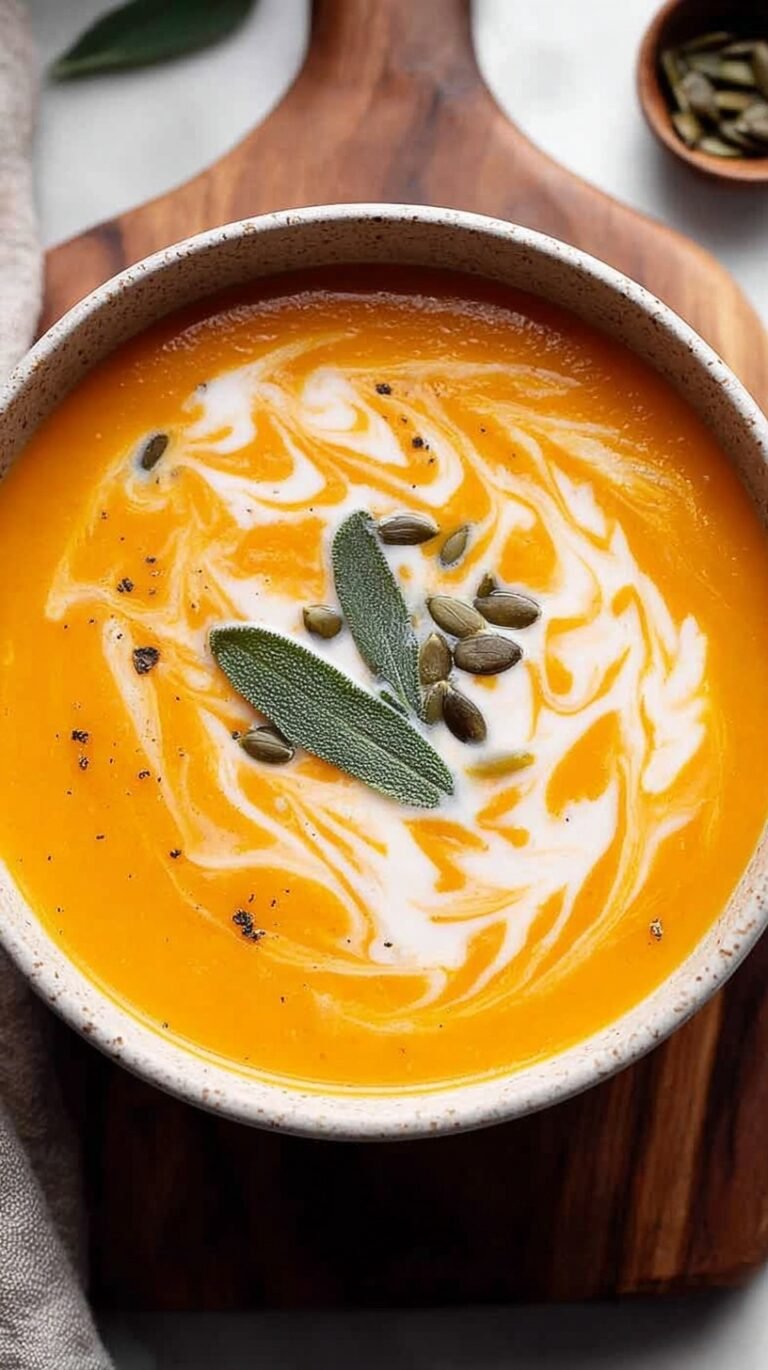 A bowl of creamy orange pumpkin sweet potato soup topped with a swirl of coconut milk and fresh herbs.