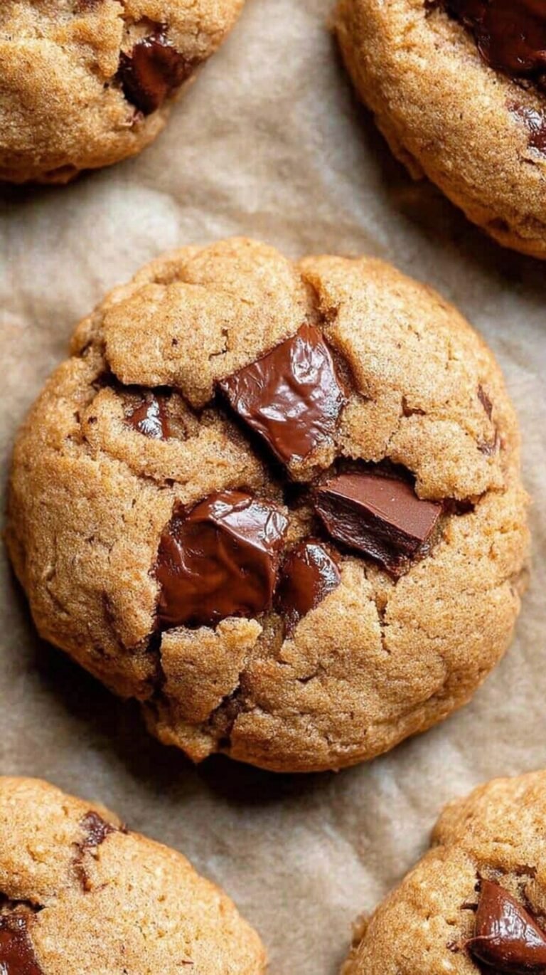 Freshly baked healthy chocolate chip cookies on a baking sheet with dark chocolate chips melting.