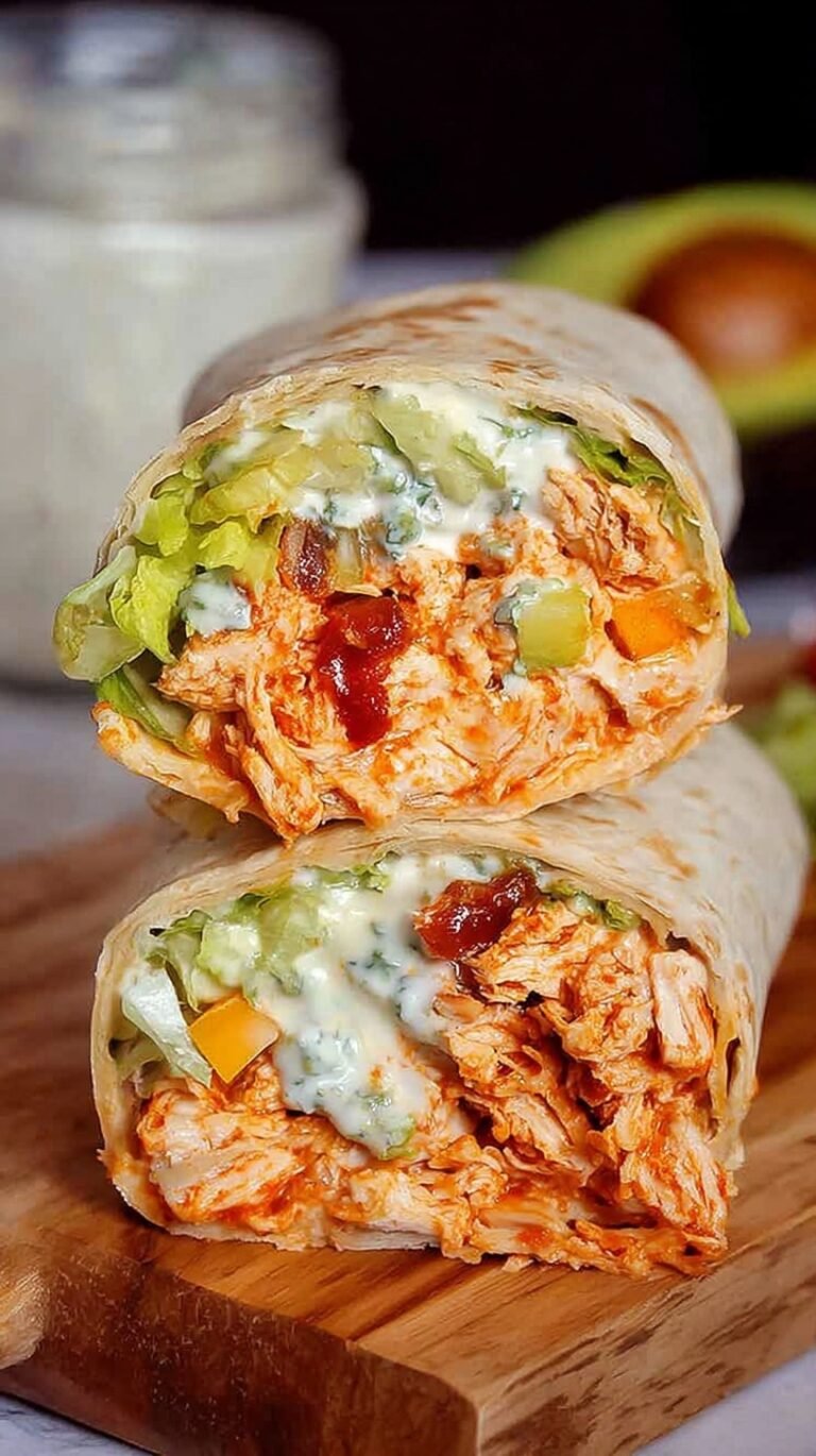 A sliced healthy buffalo chicken wrap with fresh romaine lettuce and creamy dressing on a white plate