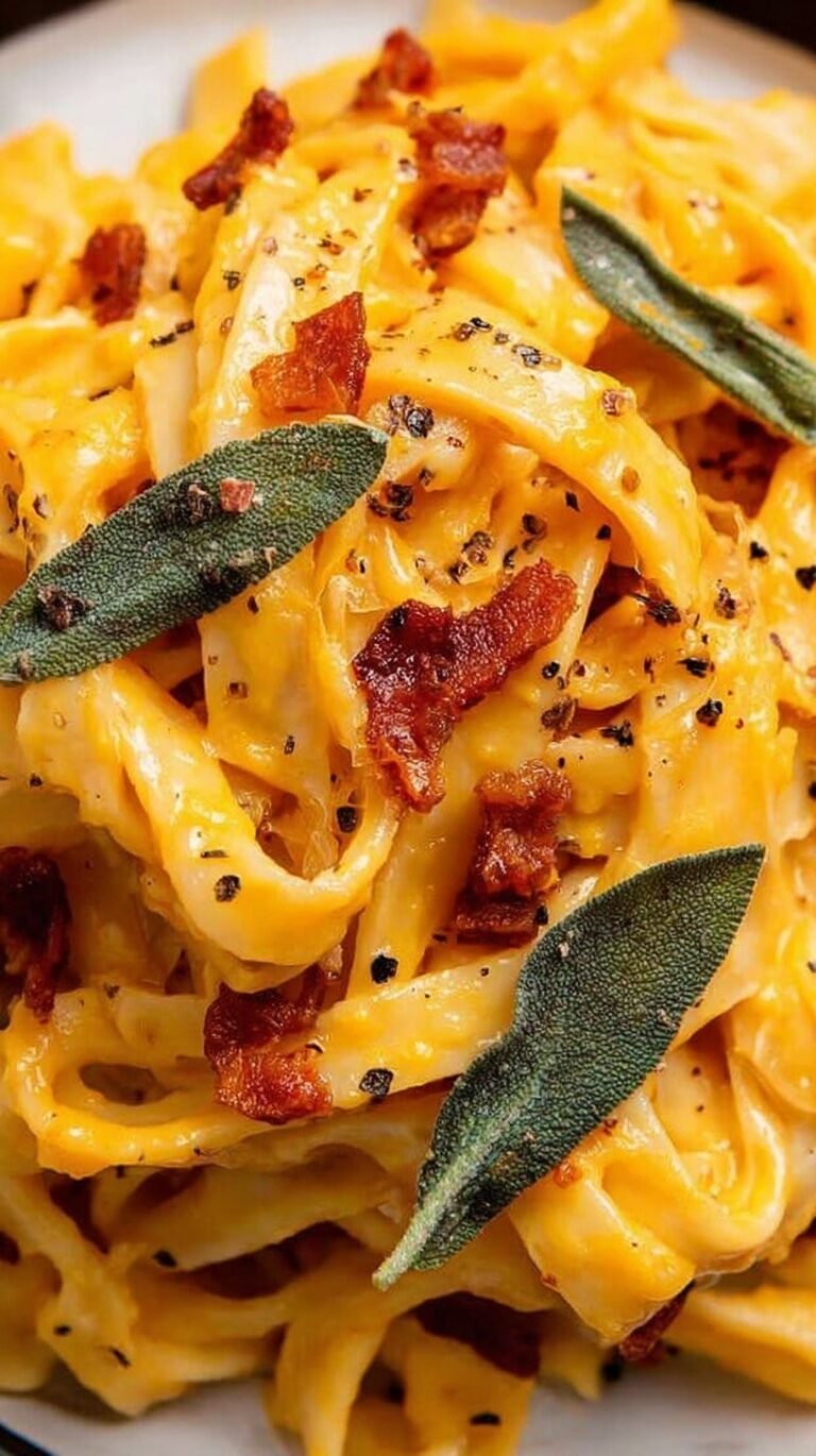 A bowl of pasta coated in a smooth, golden butternut squash sauce with fresh sage leaves.