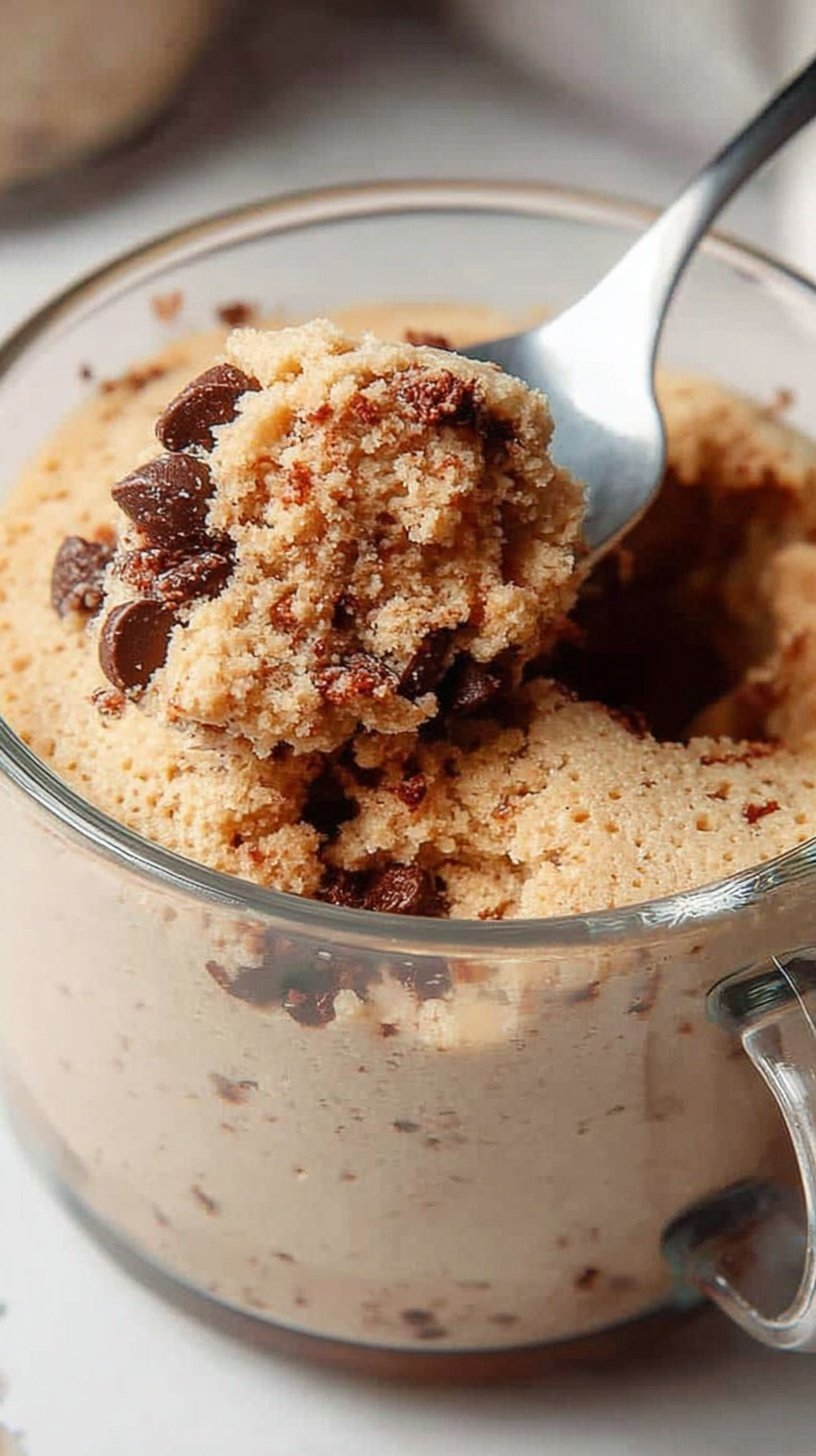 A warm chocolate protein mug cake in a white ceramic mug topped with fresh raspberries and a dollop of yogurt.